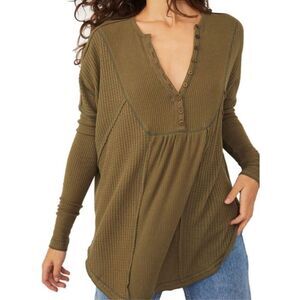 Free People Leo Henley GREEN Waffle Weave Thermal BOHO TUNIC SHIRT TOP sz XS S M